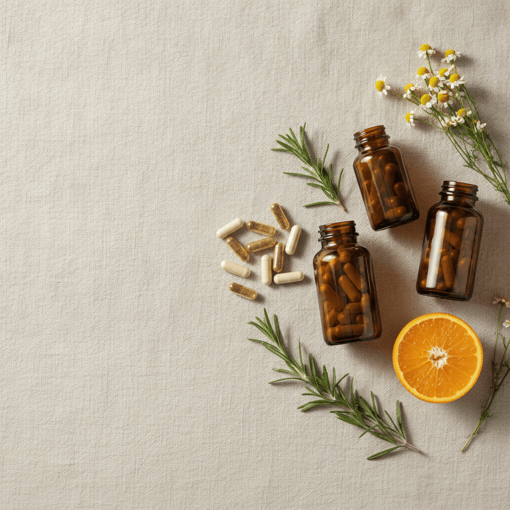 Amber-glass supplement bottles with capsules, citrus and botanicals on warm linen